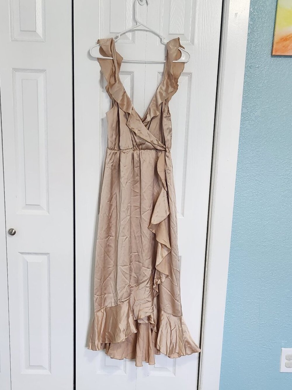Show Me Your Mumu Samantha Ruffle Wrap Dress Gold Satin Midi Large AS IS